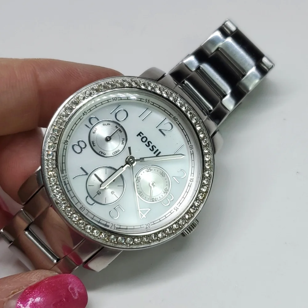 Fossil Watch ES2967 Silver Steel  Wristband Crystal Bezel Multifunction Watch